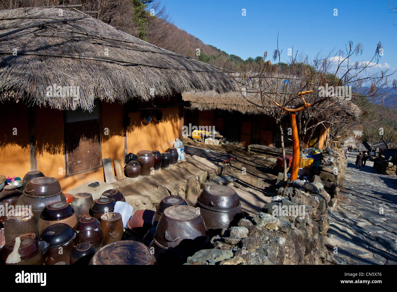 Süd Korea, Süd-Gyeongsang Provinz, Hadong County, Cheonghakdong, strohgedeckten Dach traditionnellen Häuser (Hanok) und Kimchi Gläser Stockfoto