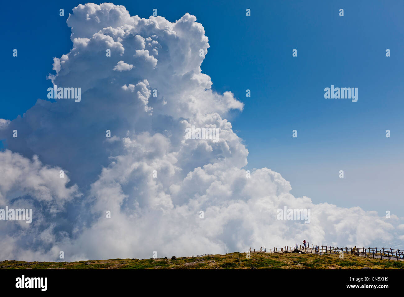 Südkorea, Provinz Jeju, Nationalpark Mount Halla, Trekker und riesige Wolke an der Spitze des Mount Halla (oder Halla) aufgeführt Stockfoto