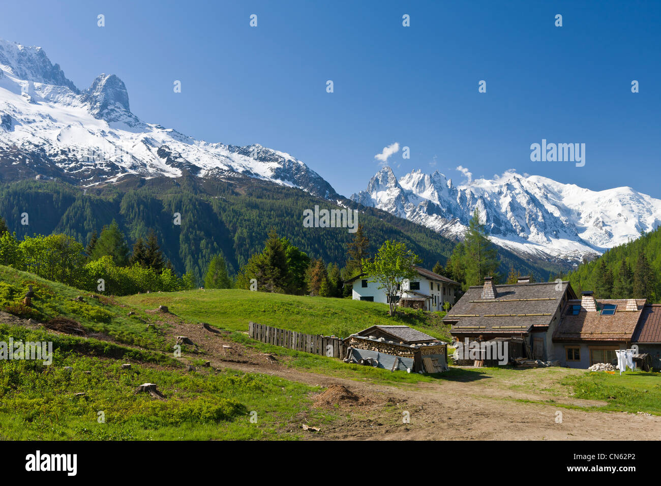 Frankreich, Haute Savoie, Mont-Blanc-Massiv, Argentiere, Trelechamp Weiler mit Blick auf den Mont Blanc (4810m) und der Aiguilles Stockfoto