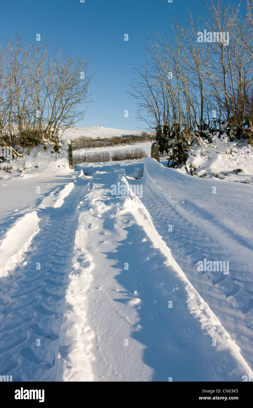 Tiefen Traktor-Reifen Spuren im Neuschnee Führung durch ein Tor in Richtung Bearwalls Farm und Dartmoor Stockfoto