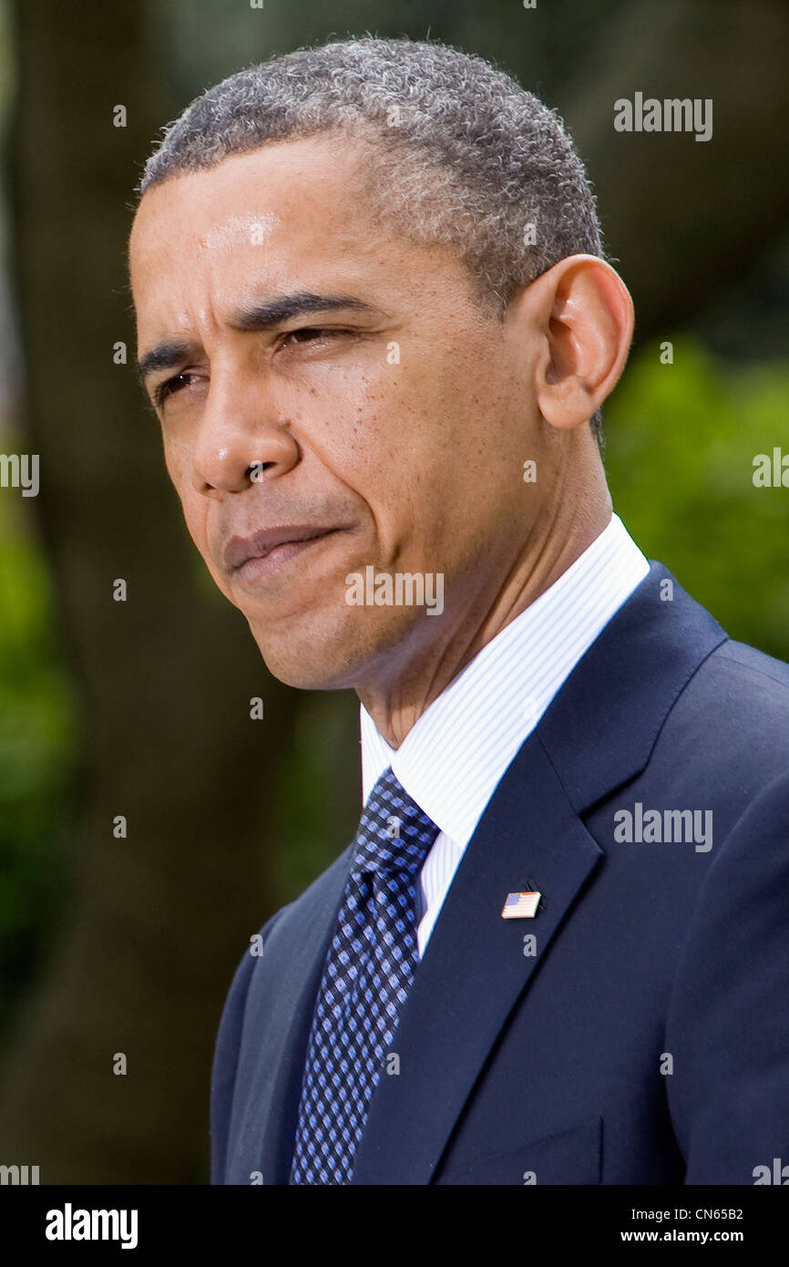 Präsident Barack Obama liefert Hinweise vor der Unterzeichnung der Jumpstart Our Business Startups (JOBS) Act. Stockfoto