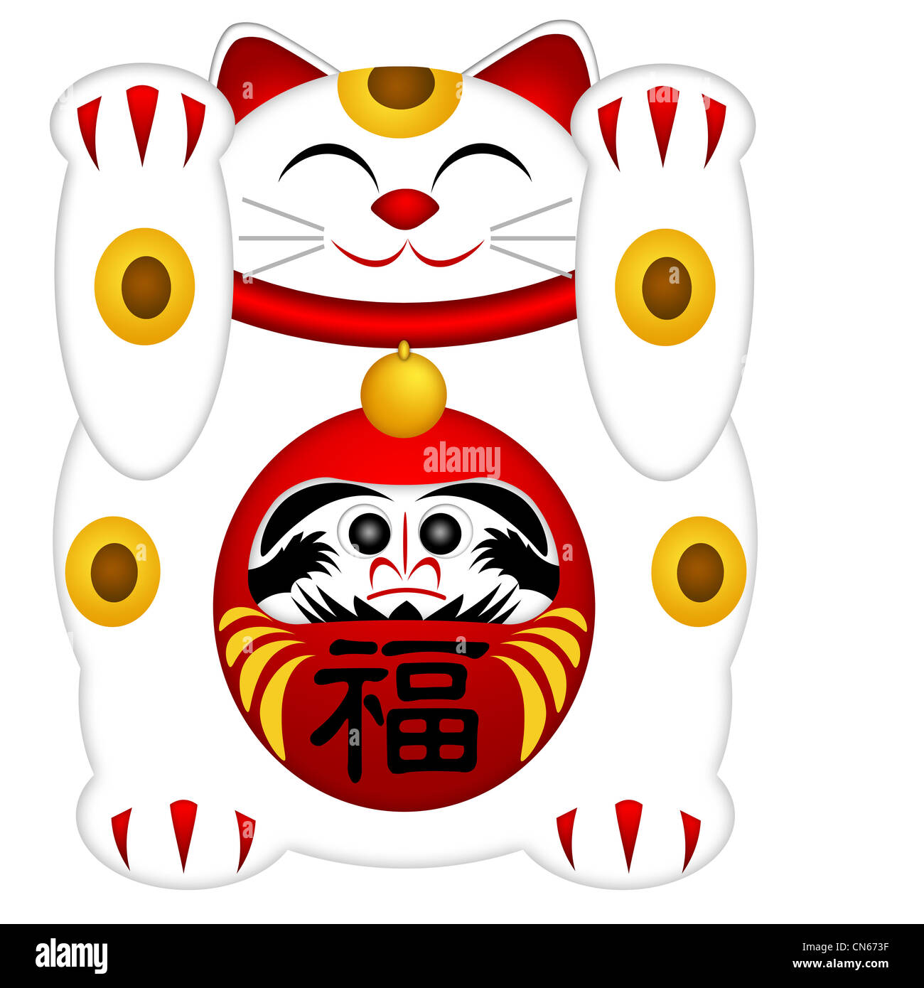Maneki Neko japanischen Wohlstands Kanji Wörter und DarumaPuppe Symbol