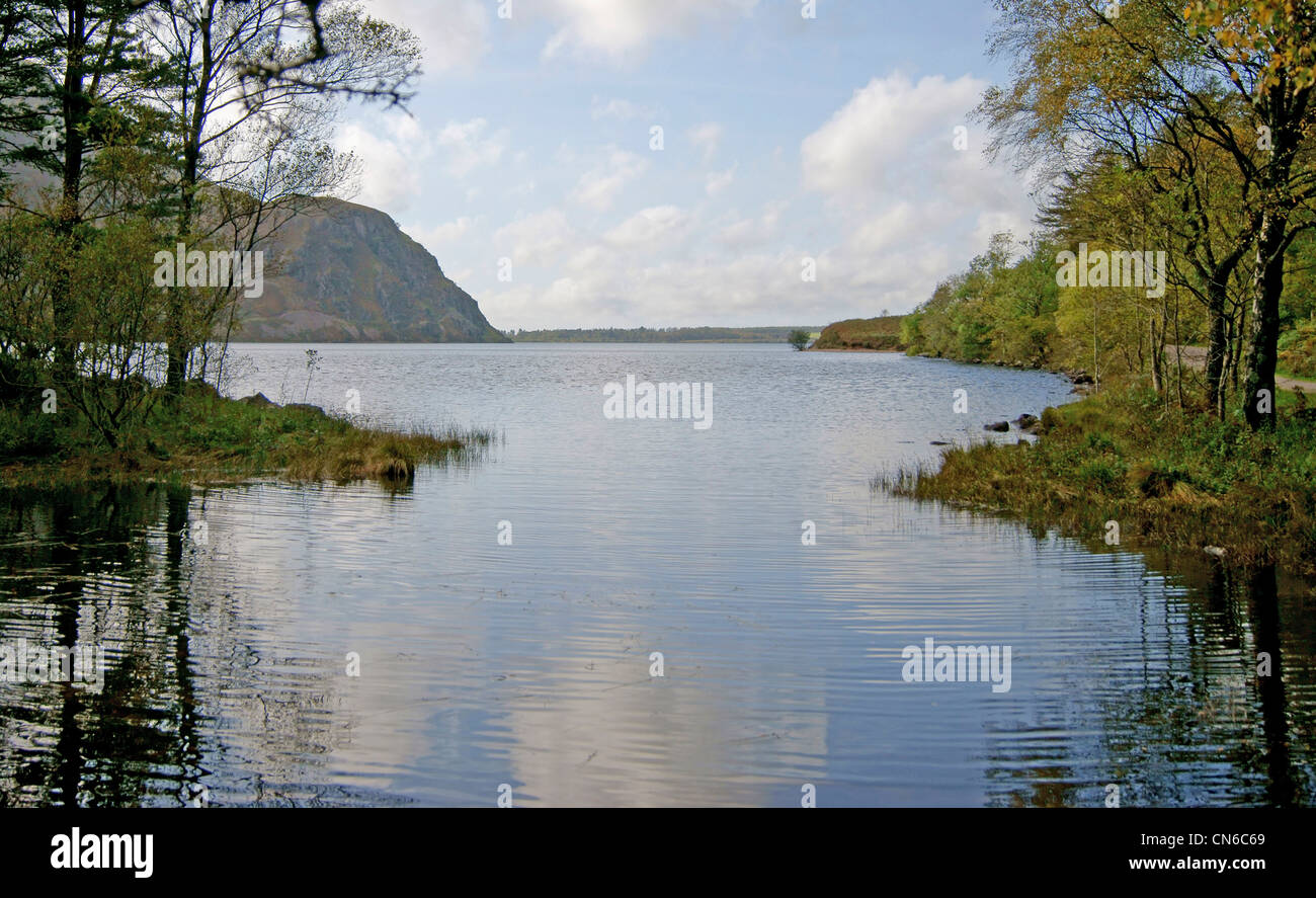 Kleine Bucht, Teil der Ennerdale Wasser dem See entlang vorbei an Robin Hoods Stuhl, was blauer Himmel und Bäume im Wasser Stockfoto