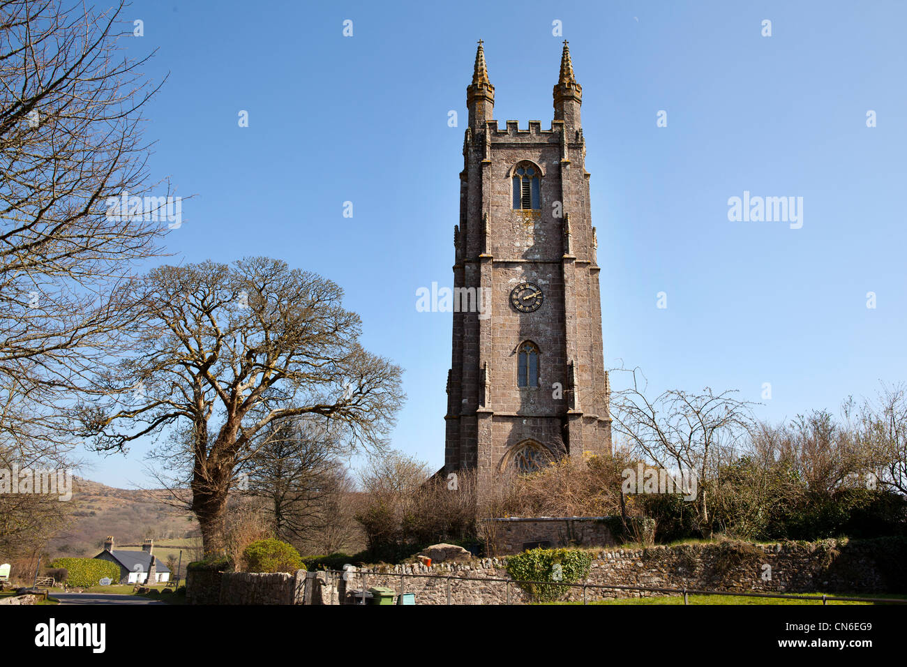 St Pancras Kirche in Widecombe-in-the-Moor, Dartmoor, England. Stockfoto
