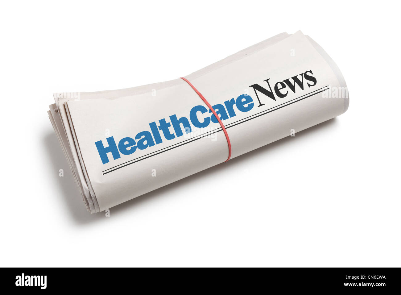 Nachrichten aus dem Gesundheitswesen, Zeitung roll mit weißem Hintergrund Stockfoto