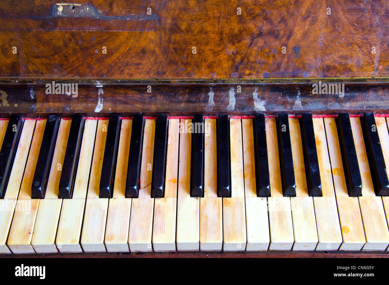 Hintergrund des antiken Vintage retro Grunge Musikinstrument schwarzen und weißen Tasten eines Klaviers. Stockfoto