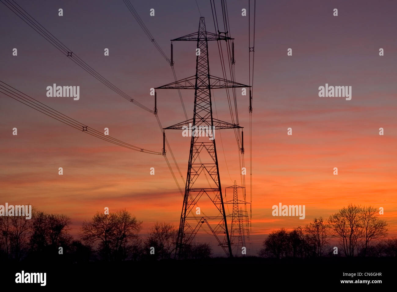 Strommasten in der Nähe von Burbage, Leicestershire, Vereinigtes Königreich Stockfoto