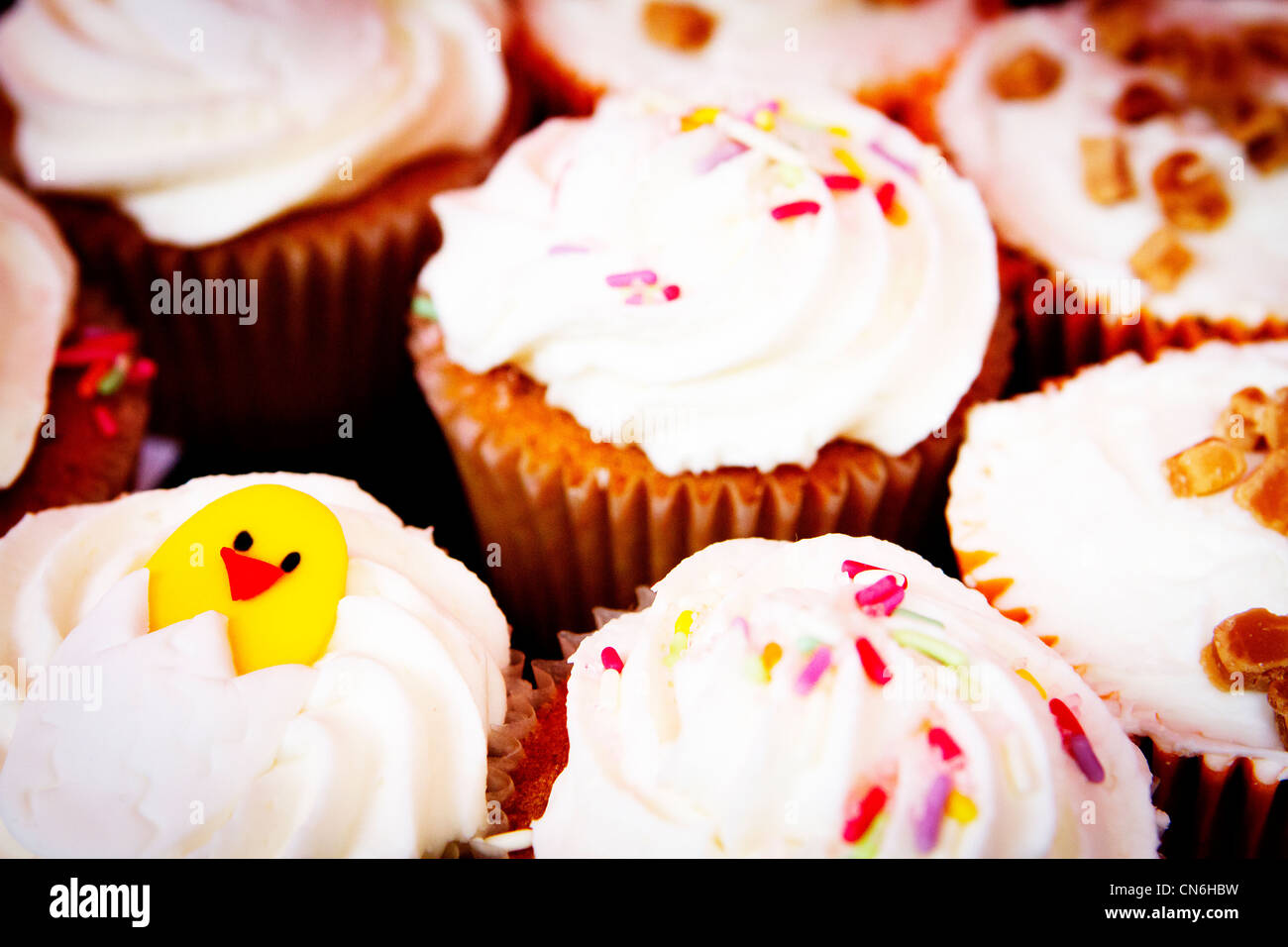 Eine Auswahl von dekorierten Geeiste Cupcakes zum Verkauf an Warrington Markt Stockfoto