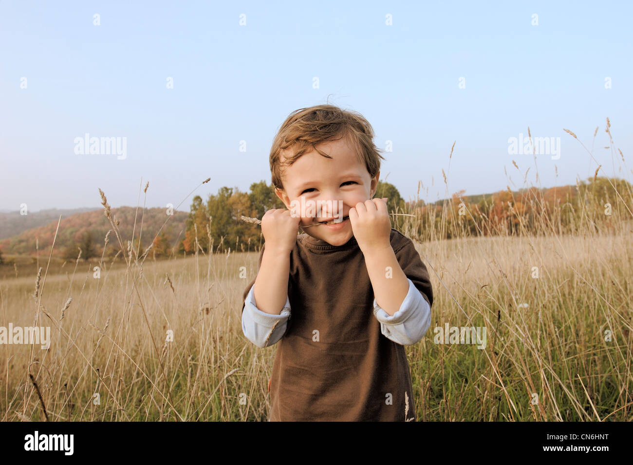Junge im Feld hielt einen einzigen Weizen Stiel in Mund, Uxbridge, Ontario Stockfoto