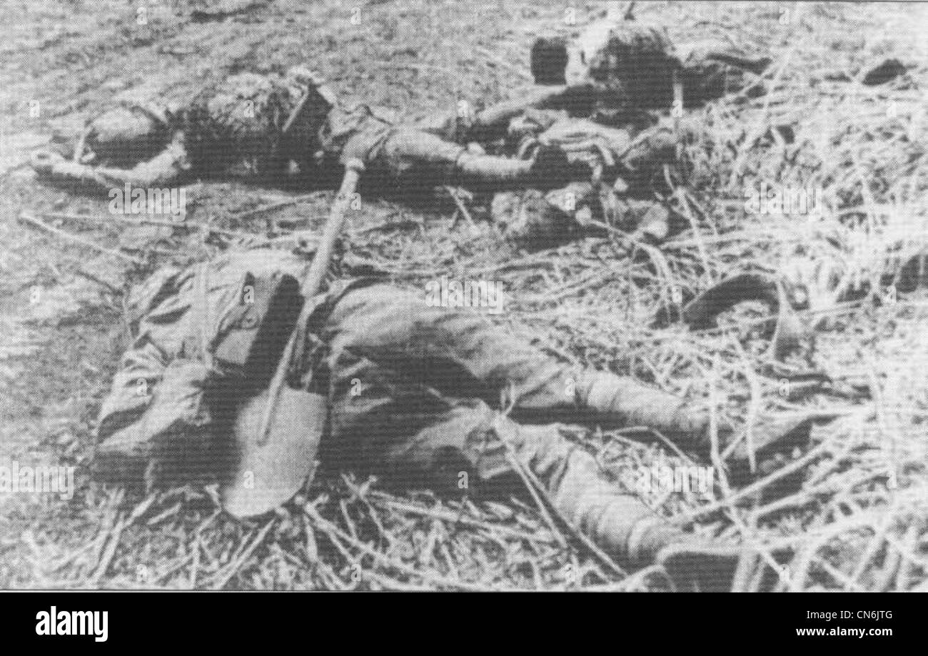 Drei Toten japanische Soldaten liegen in der Nähe von Hill 123 Guadalcanal nach der Schlacht von Edson Grat am 15. September 1942 Stockfoto