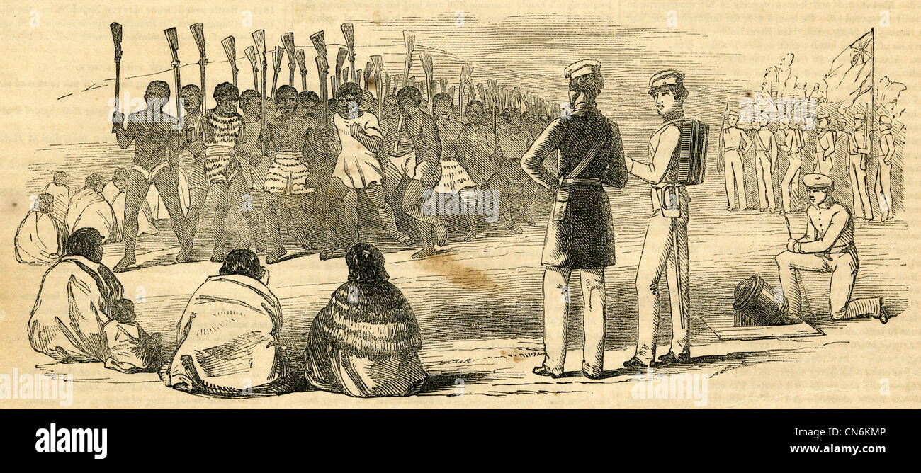 1854-Gravur, Kriegstanz der Neuseeländer. Stockfoto