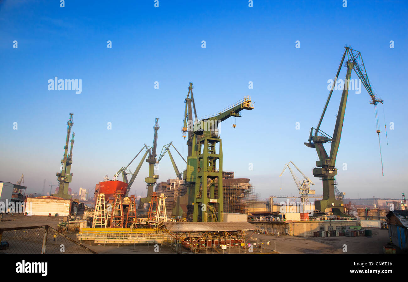Krane auf der berühmten Werft in Danzig, Polen Stockfoto