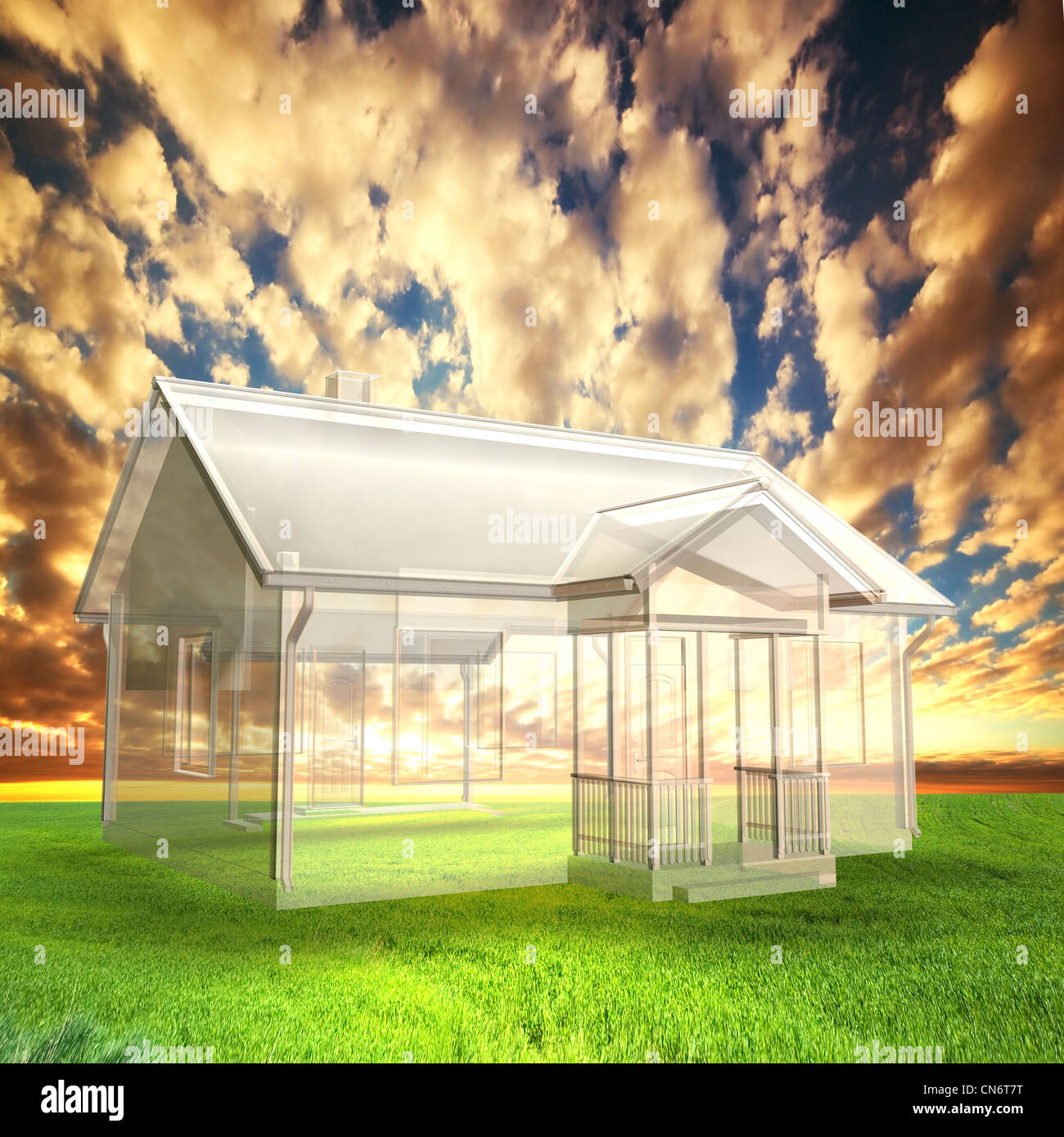 Neue Haus Vision auf Feld bei Sonnenuntergang. Projekt des Gebäudes, Immobilien Stockfoto