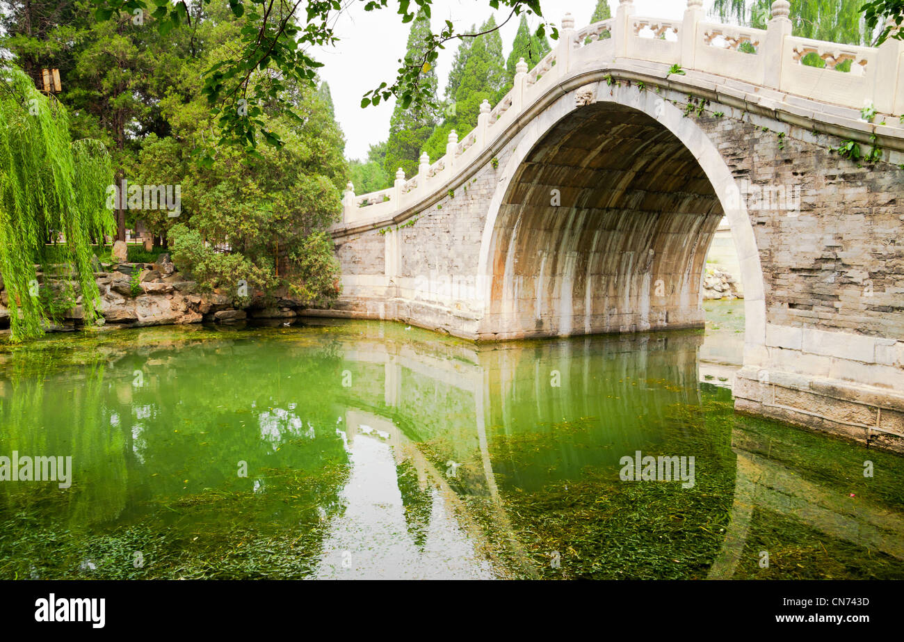 Alten Stil Stein chinesische Bogenbrücke in einem grünen Garten Teich in Peking, China Stockfoto