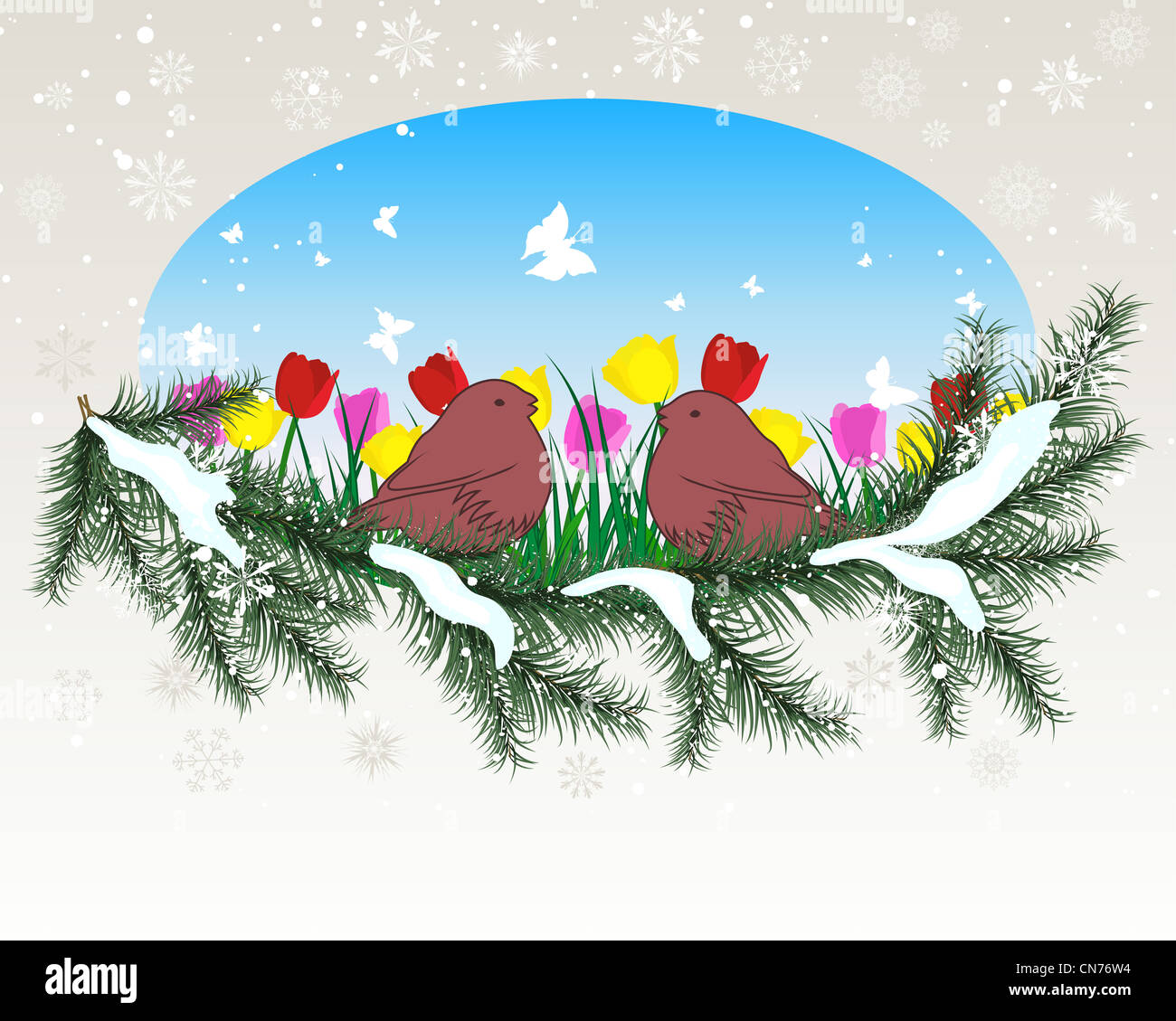 Winter Hintergrund mit ovalen Fenster und Grass Silhouetten-Hintergrund. Alle Objekte werden getrennt. Stockfoto