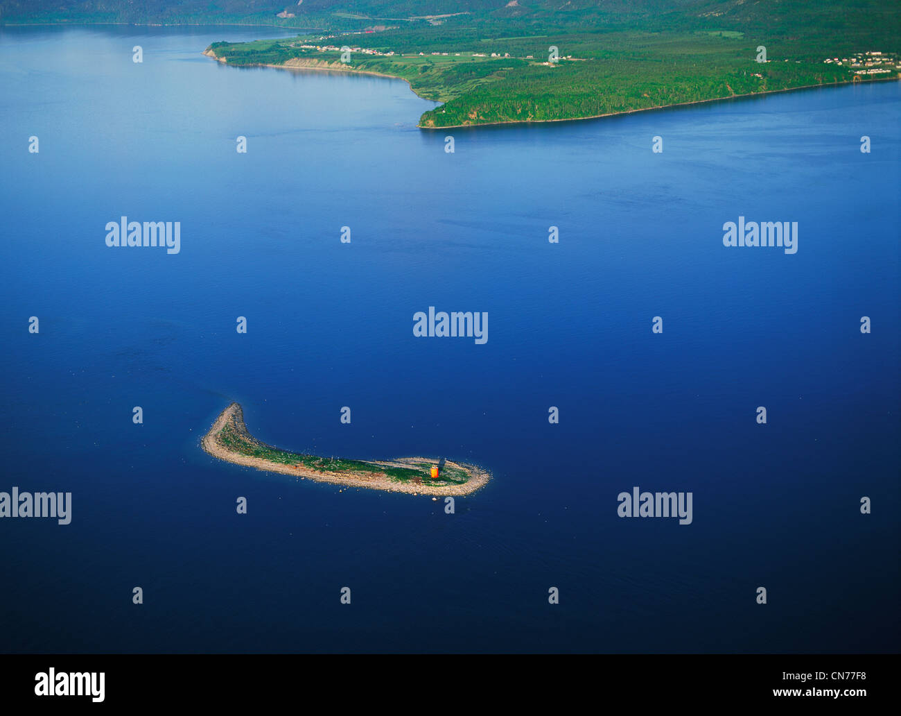 Luftaufnahme der Insel und Baie Sainte Catherine at Sunrise, Saguenay-St.Lawrence Marine Park, Charlevoix, Quebec Stockfoto