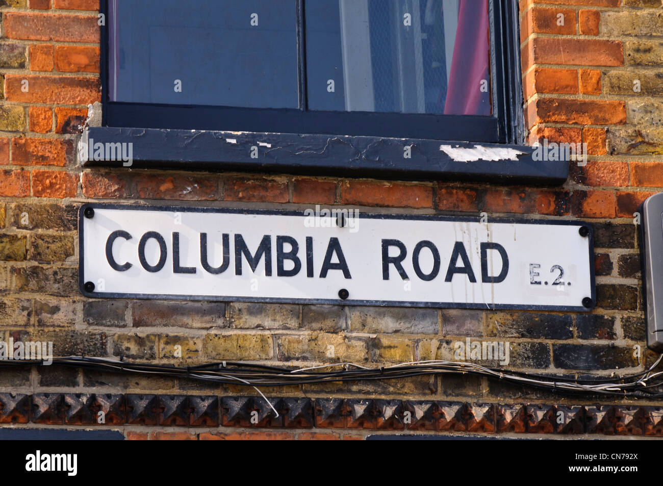 Columbia Road E2 Zeichen auf Mauer, East London Stockfoto