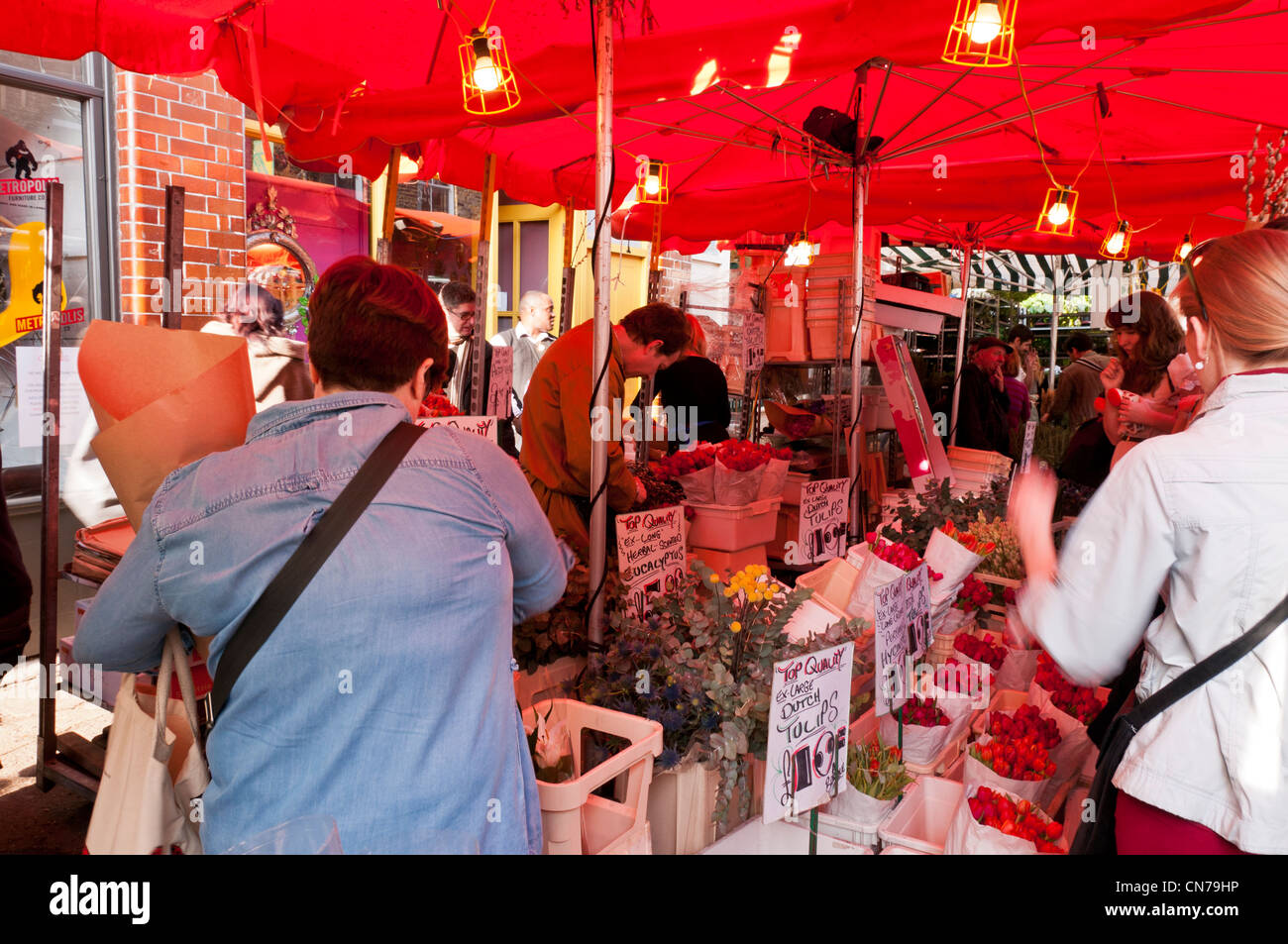 Kunden Surfen an einem Stall in Sonntag Columbia Road Flower Market, East London, UK Stockfoto