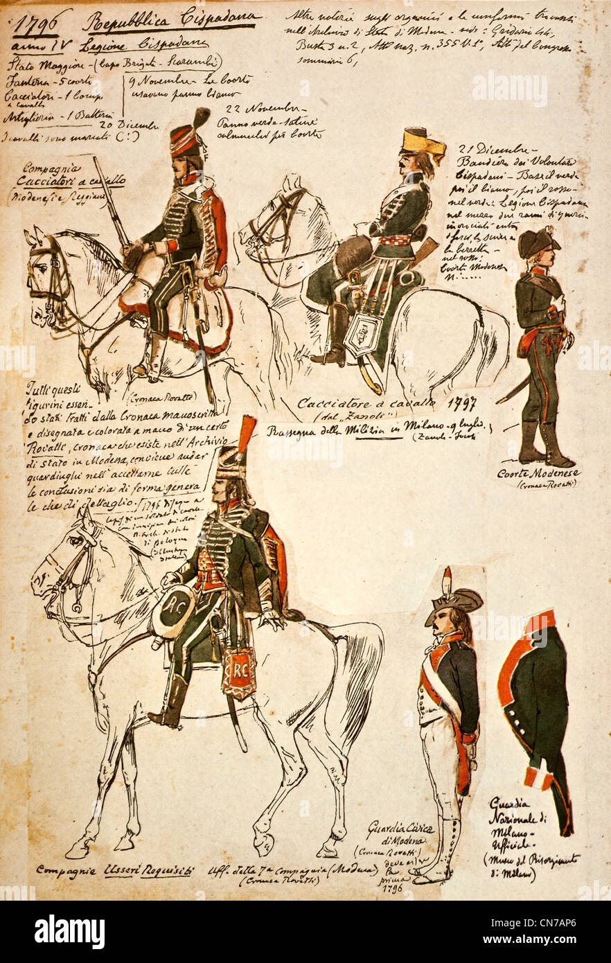 Alten Figurini in den Tabellen fünften Signalen vertreten. hoch, um Sx Uniformen der Jäger zu Pferd (Modenesi und Reggiani) Stockfoto