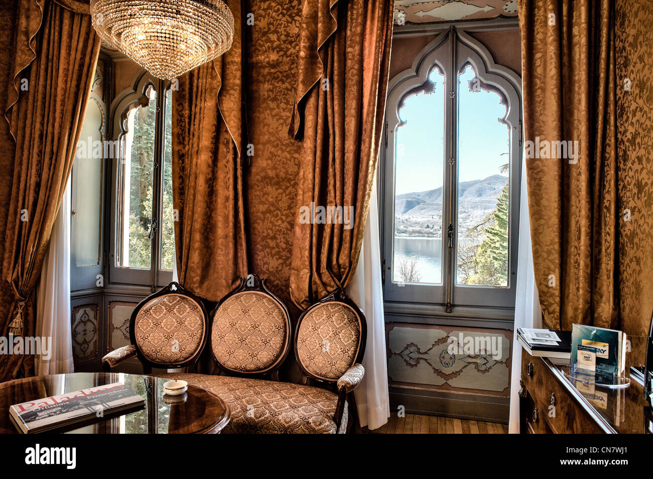 Schlafzimmer Luxus-Hotel Villa Crespi, Piemont, Italien Stockfoto