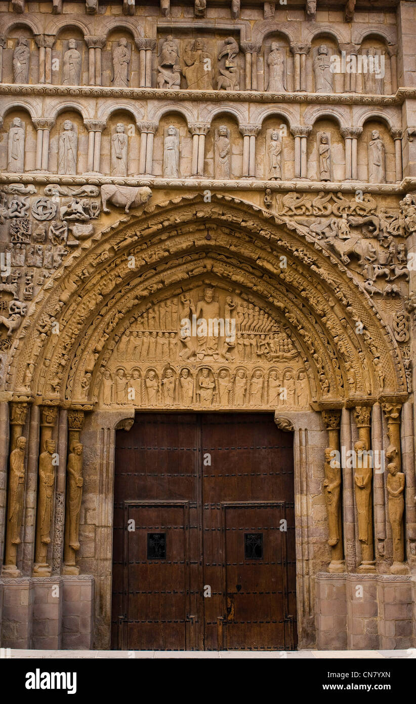 Spanien, Navarra, Sanguesa, romanischen Portal der Kathedrale Santa Maria La Real, datiert 12. Jahrhundert Stockfoto
