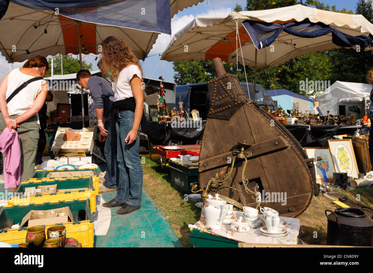 Frankreich, Nord, Lille, Braderie de Lille (Flohmarkt), Riesen Balg und andere ungewöhnliche Gegenstände zum Verkauf auf einem Flohmarkt-Stand Stockfoto