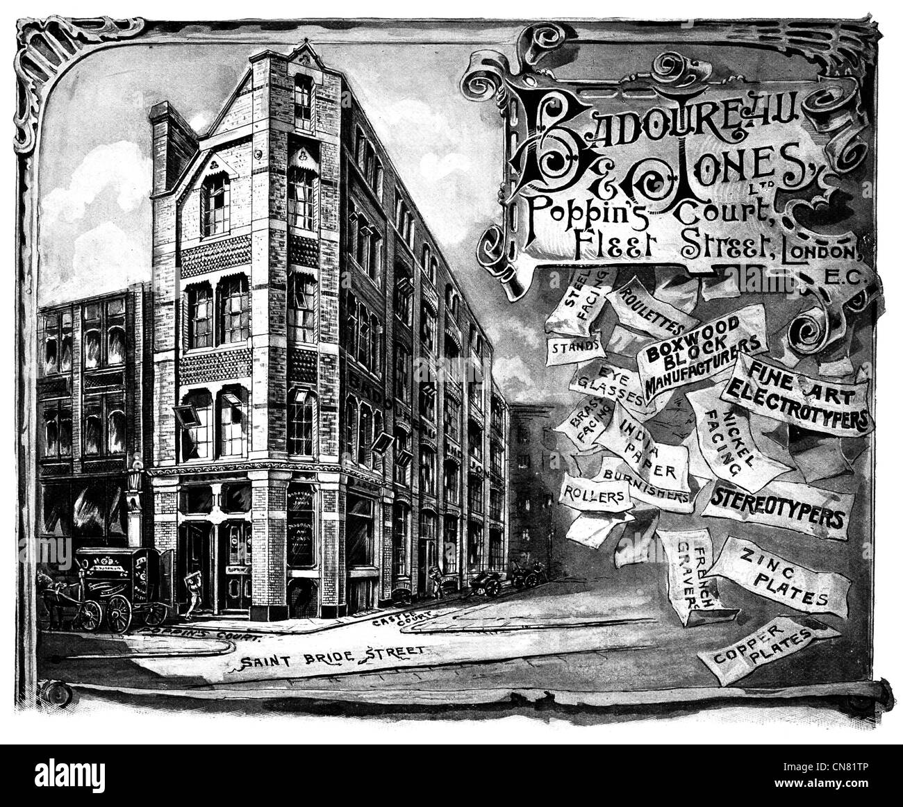 Badoureau & Jones Fleet Street London Fine Art, Zinkplatten, Kupfer, Indien, Brillen, Roulettes, Buchsbaum Block, 1904 Stockfoto