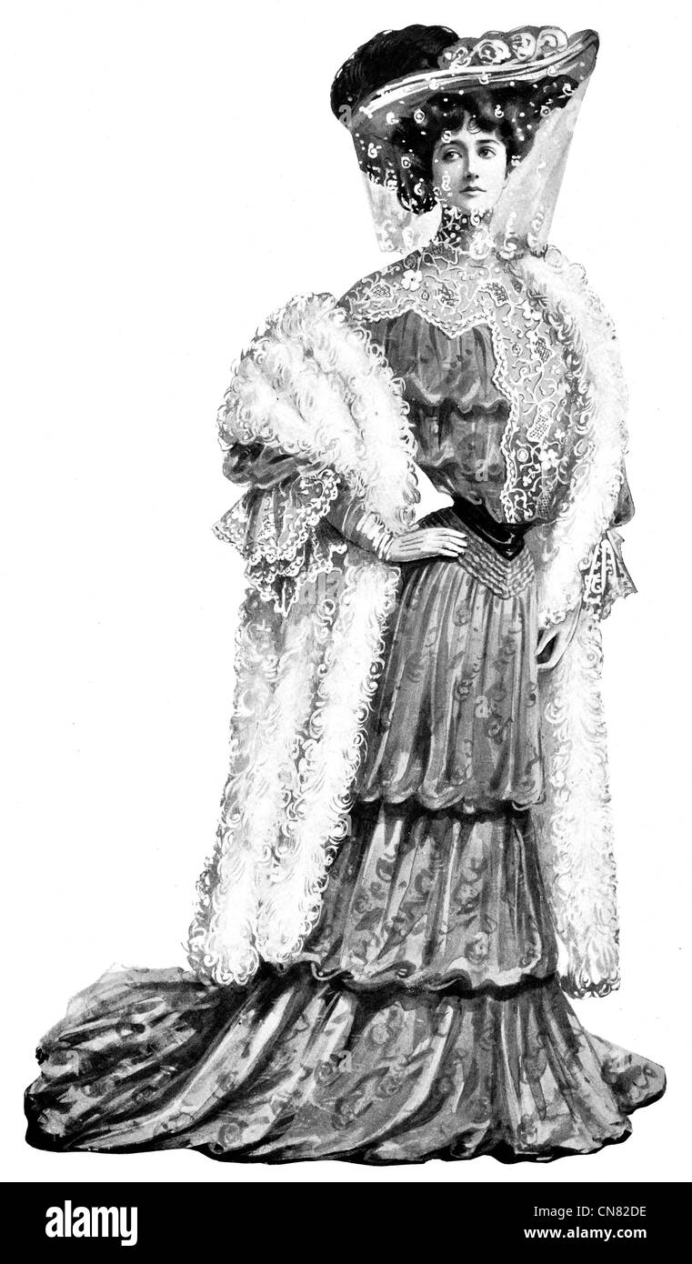 1904 Fashion Design Kleid Zeitraum traditionellen Kostüm Kleidung Textil Stockfoto