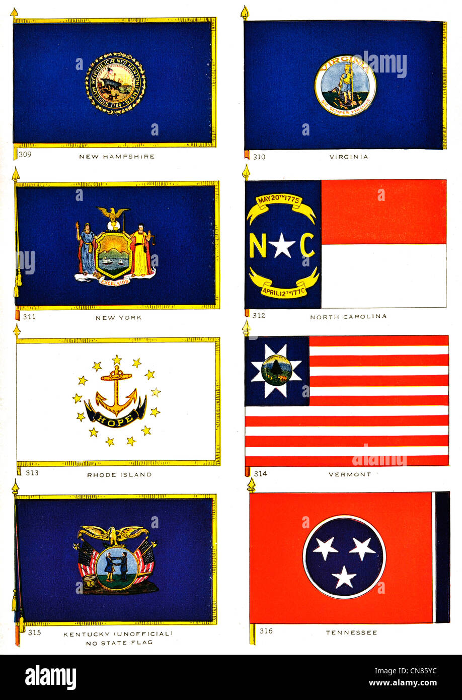 Erste veröffentlichte 1917 Flagge Flaggen Standard New Hampshire Virginia New York North Carolina Rhode Island Vermont Kentucky Stockfoto