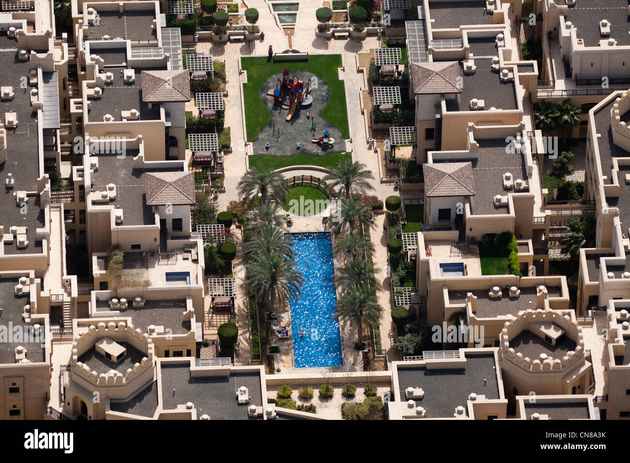 Das Wohngebiet der Downtown Dubai (die Vereinigten Arabischen Emirate) Haus. Häuser und Schwimmbad. Stockfoto