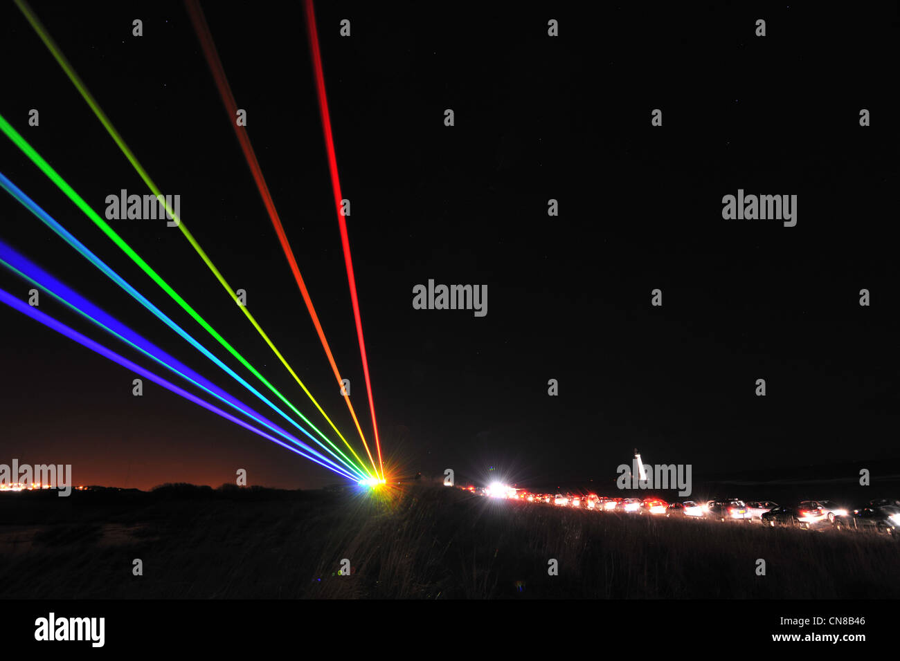 Olympische globale Regenbogen Installation von Yvette Mattern an Str. Marys Leuchtturm, Whitley Bay Stockfoto