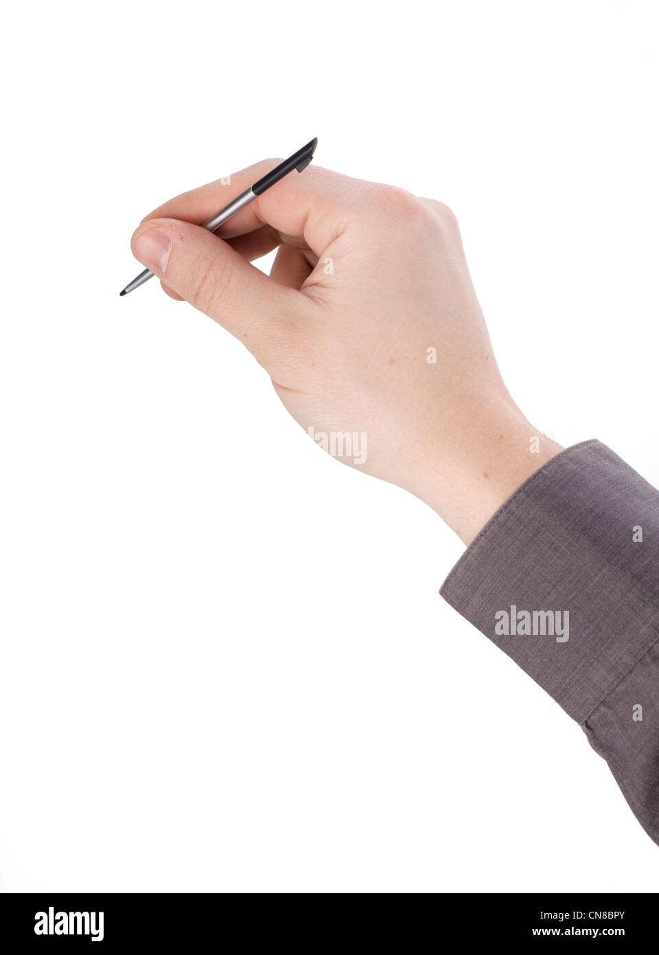 PDA-Stift in der Hand isoliert auf weißem Hintergrund Stockfoto