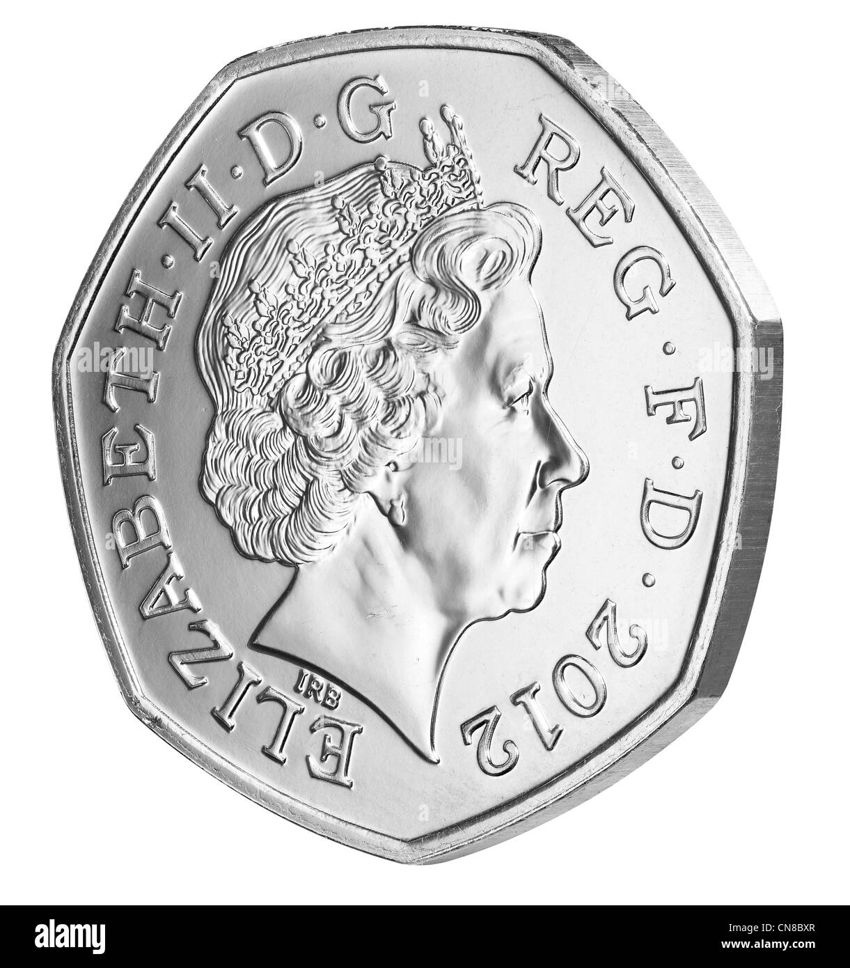 50p fünfzig Pence Seite auf Vorderseite Köpfe 2012 Münze Stockfoto
