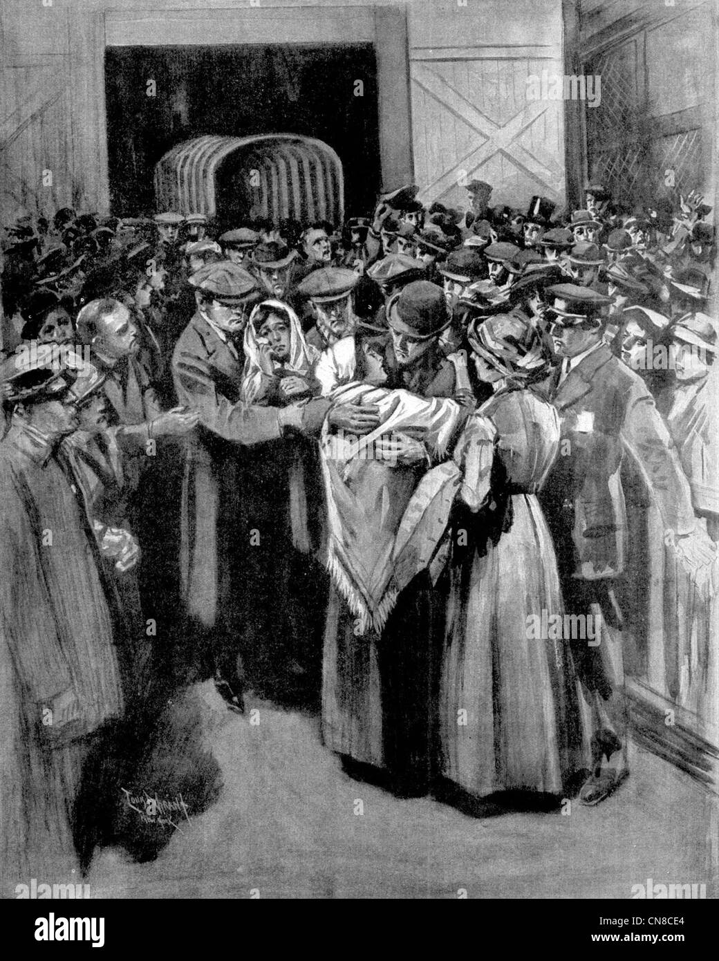 Ankunft der "Ship of Sorrow" in New York Datum 4. Mai 1912, kommen Überlebende aus Titanic von der Carpathia Stockfoto