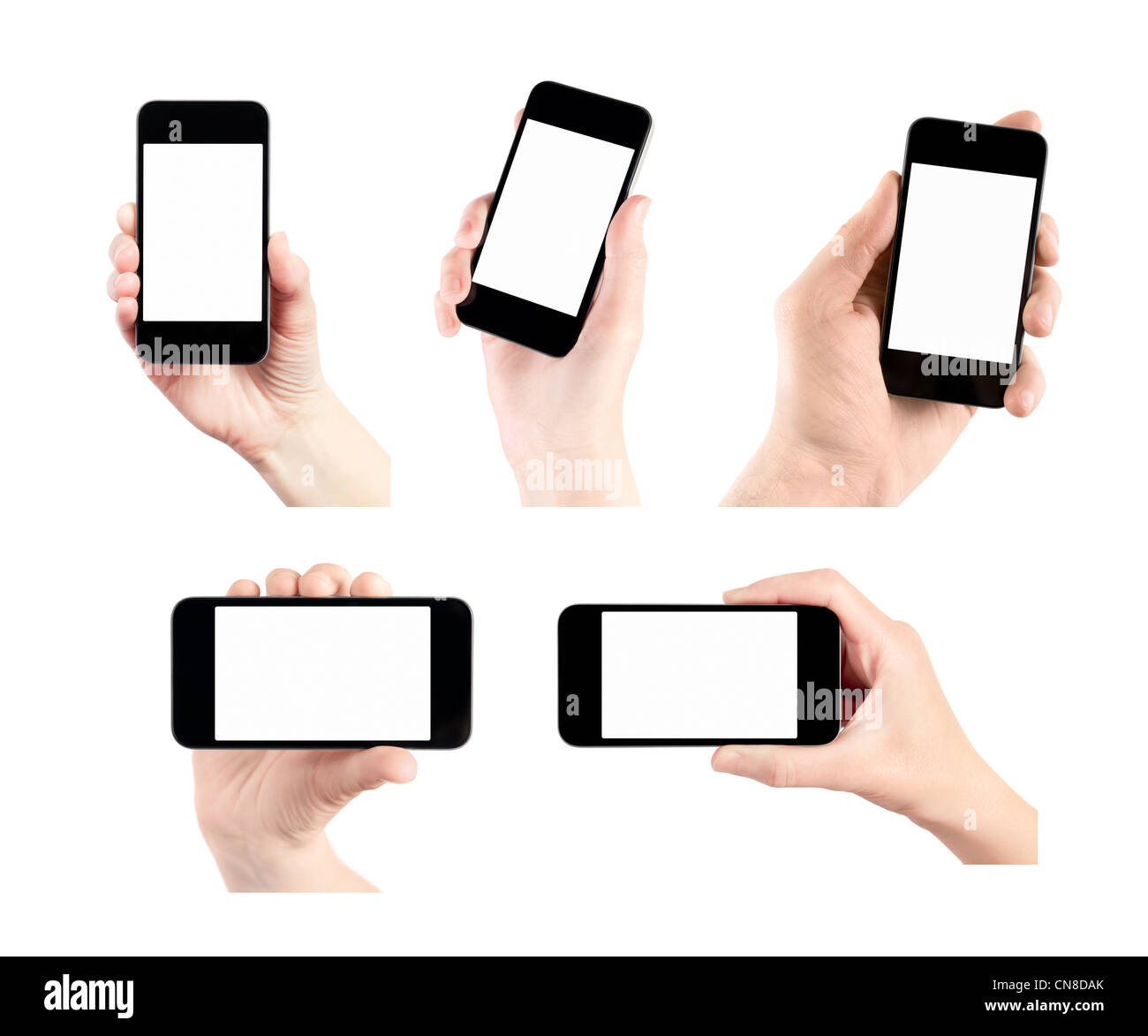 Hand hält mobile Smartphone mit leeren Bildschirm. Satz von 5 verschiedenen Fotos. Isoliert auf weiss. Stockfoto