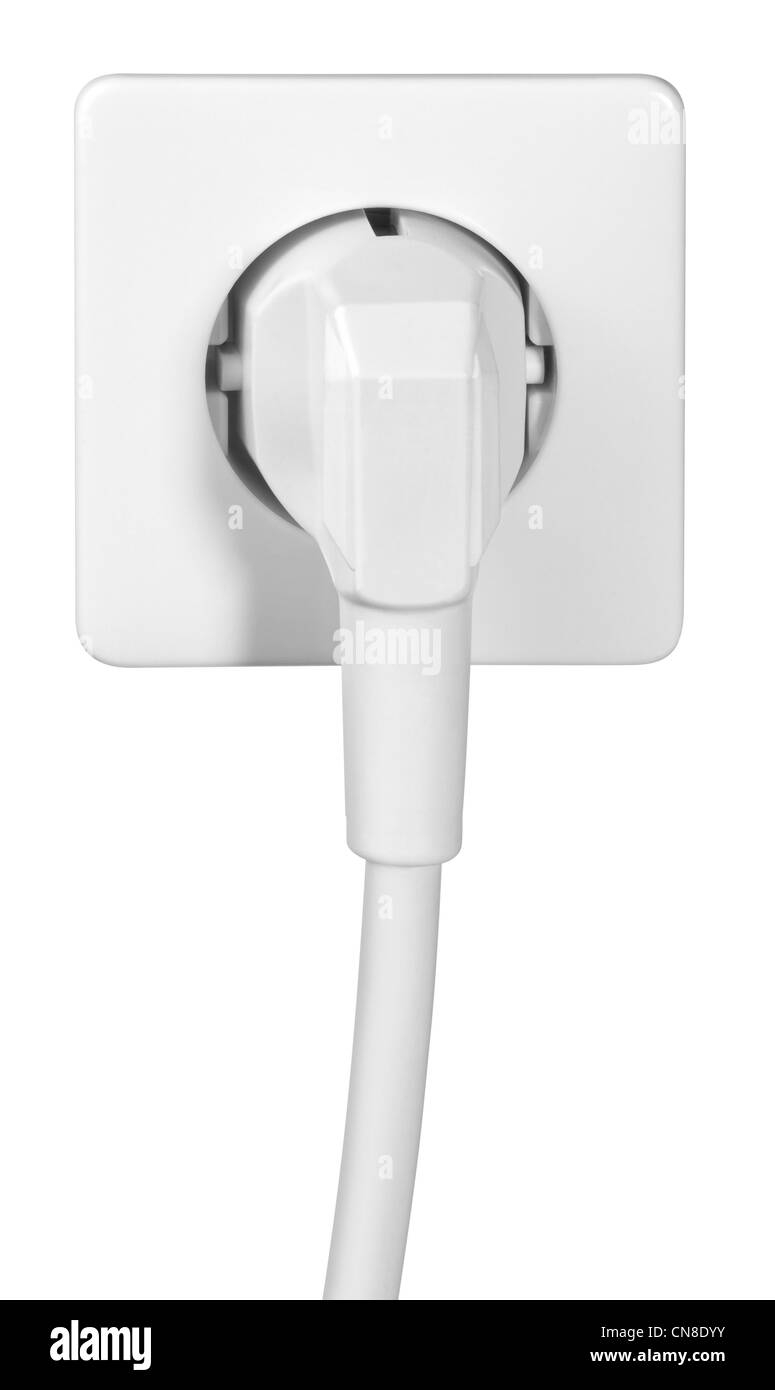 ein weißes Netzkabel und Sockel in weißem Rücken Stockfoto