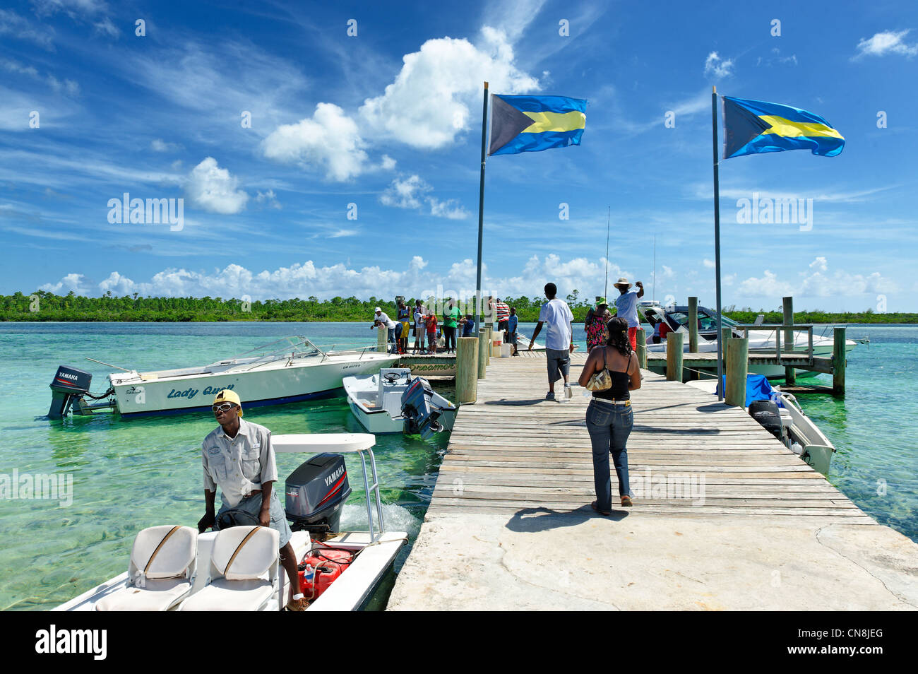 Bahamas, Grand Bahama Island, Sweeting Stadt, Fluggästen den Ponton verbindet die Inseln mit dem Festland Stockfoto