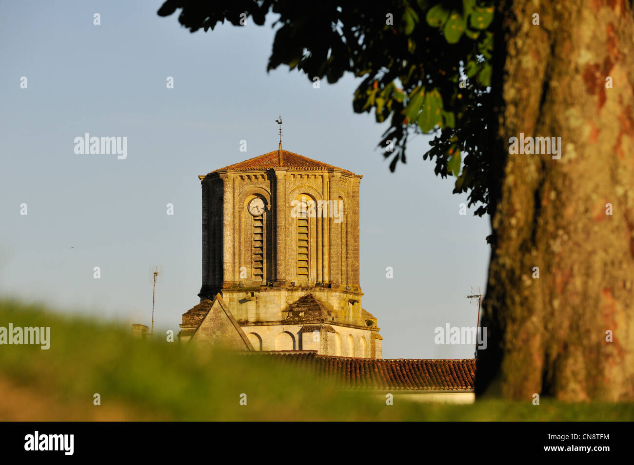 Frankreich, Vendee, Vouvant, Ste Marie Church of 11-19 th Jahrhundert im romanischen Stil, Achtkant clocktower Stockfoto