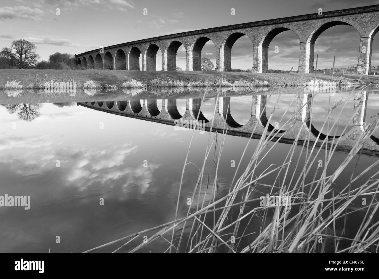 Goldene Bögen - Arthington Eisenbahnviadukt und die Spiegel beruhigen Flusses Wharfe in West Yorkshire Stockfoto