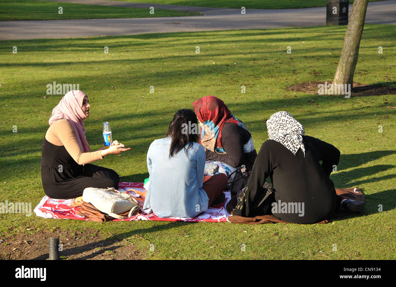 Gruppe von britischen muslimischen Frauen sitzen im Stiftspark, Leicester, England, UK Stockfoto