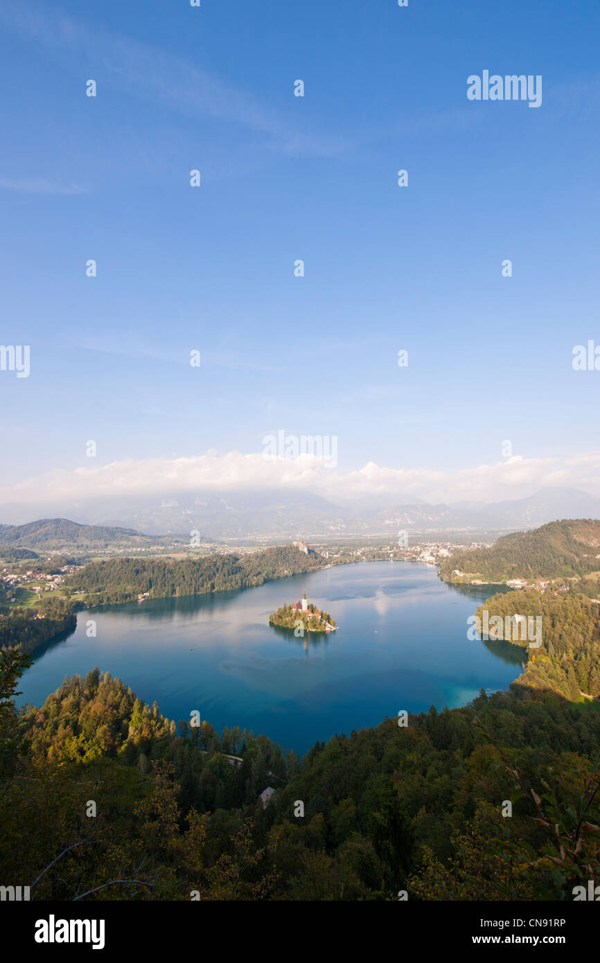 Die Kirche Mariä Himmelfahrt auf der Insel von der See Bled Slowenien, Region Gorenjska, Bled Stockfoto
