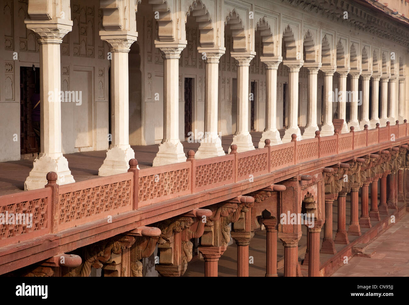 Agra, Indien. Agra Fort. Die Macchi Bhavan mit Blick auf ein Innenhof mit Panzern und Wasserkanäle früher gefüllt mit Fischen bestückt. Stockfoto