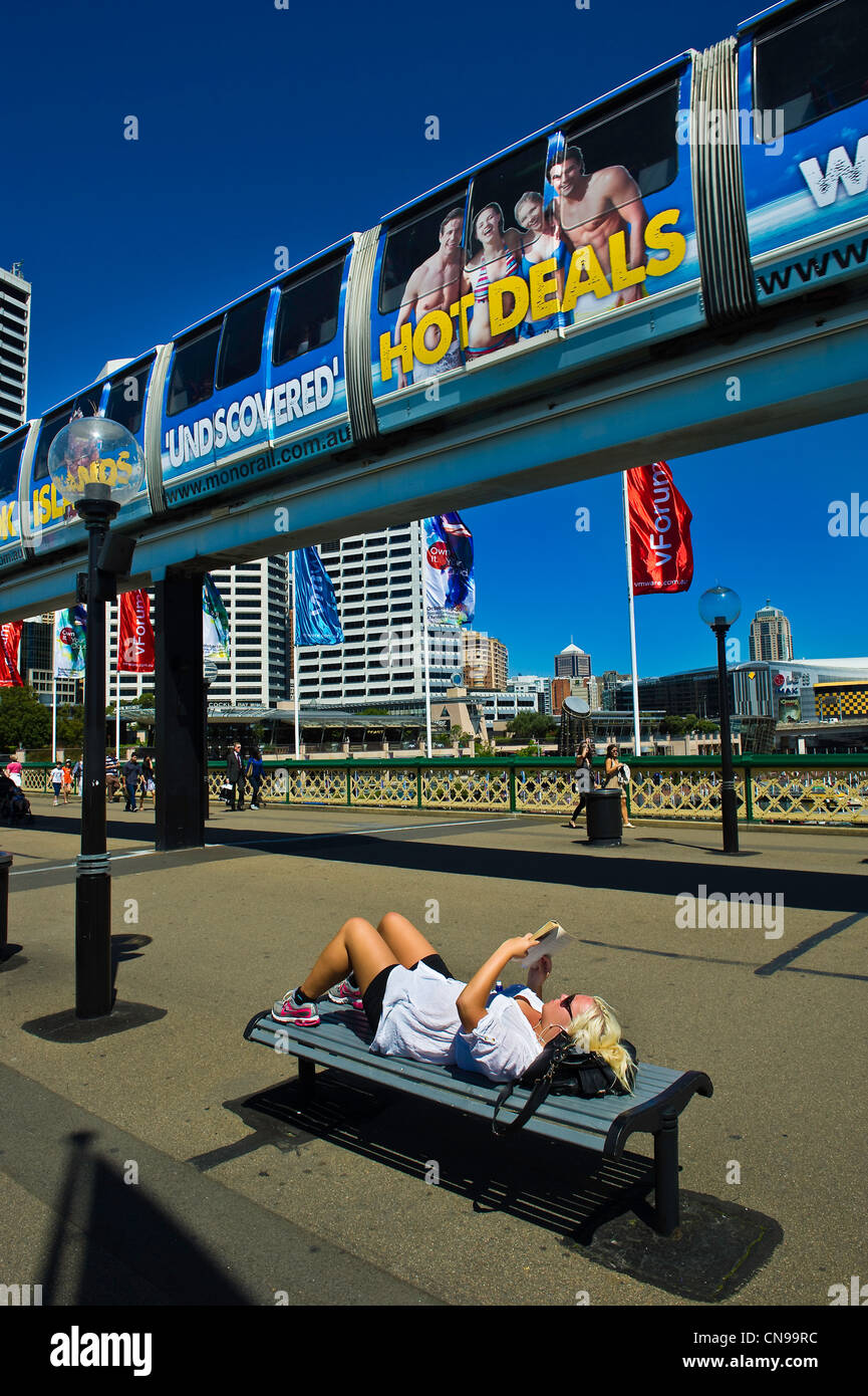 Australien, New South Wales, Sydney, Darling Harbour Quay, Pyrmont Bridge, Monorail Stockfoto
