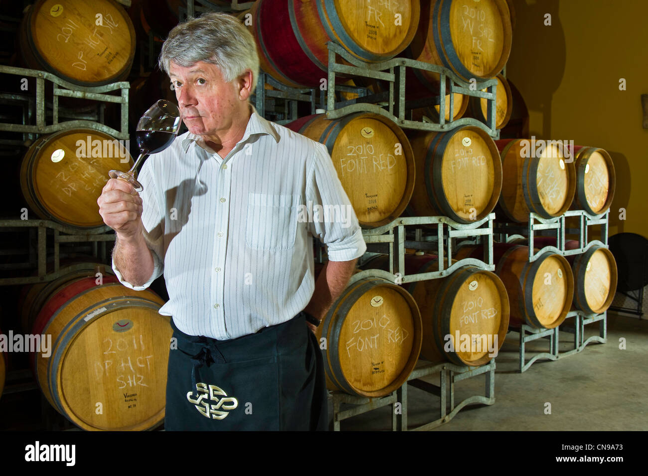Dominique Portets Kellerei, Dominique Portet Teasting ein neuer Wein, Yarra Valley, Victoria, Australien Stockfoto