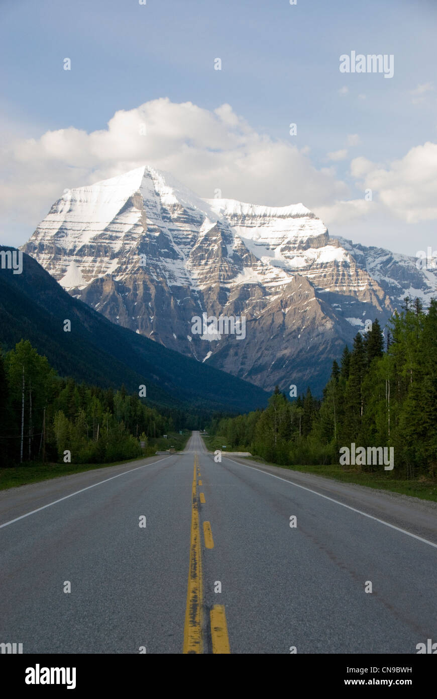 Gerader Weg zum Mount Robson, der höchste Berg in den kanadischen Rocky Mountains, British Columbia, Kanada Stockfoto