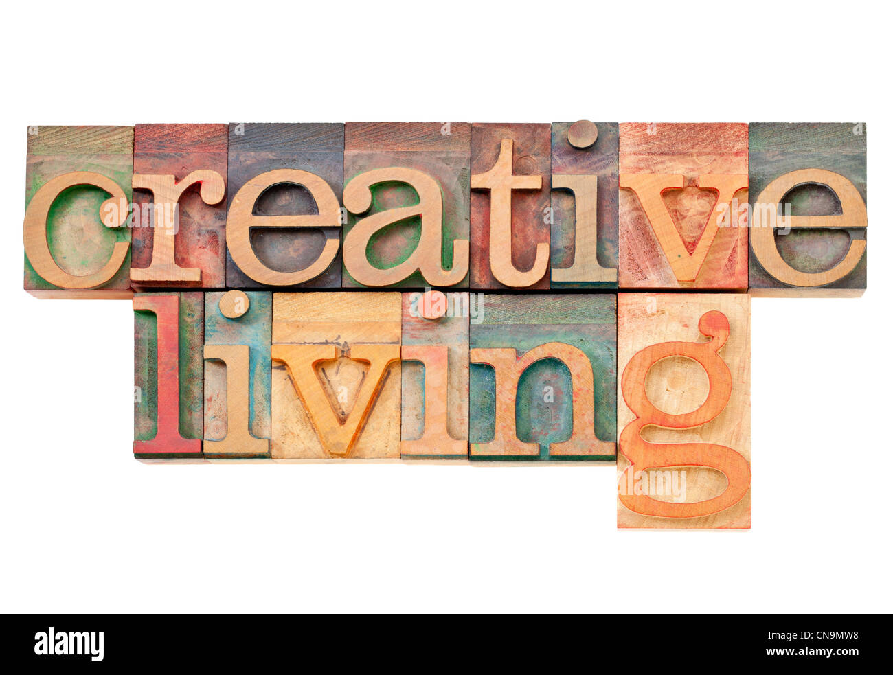 kreative Wohn - Text in Vintage Buchdruck Holzart isoliert Stockfoto