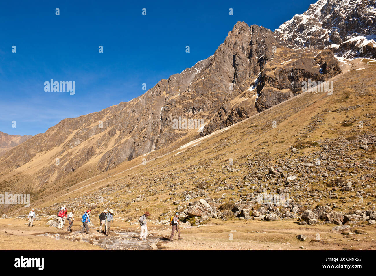 Peru, Cuzco Provinz Cordillera Vilcanota, eine Gruppe von Wanderern, die Teilnahme an der Wanderung vom Salkantay (6371m) Stockfoto