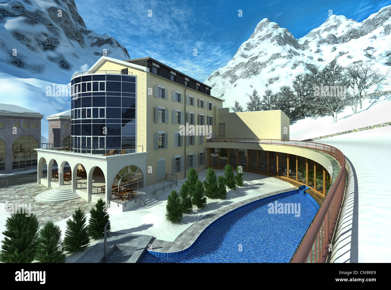 Hotel in den Bergen mit Schnee und einem Pool. Schneebedeckten Bergen im Hintergrund. Stockfoto