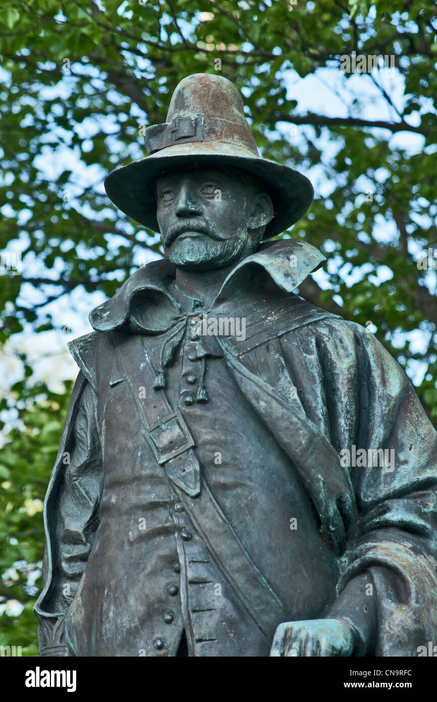 Gouverneur William Bradford Plymouth Massachusetts Cyrus Dallin Bildhauer, Bradford Garten Stockfoto