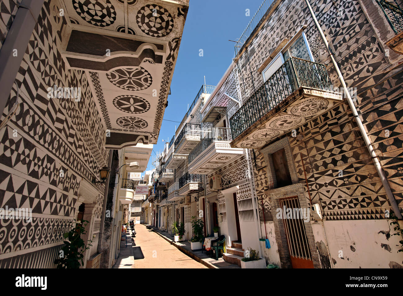 Xysta Dekorationen an den Häusern von Pygri, gemusterten geometrische Verzierungen auf die Häuser der Dörfer von Chios Mastix Stockfoto